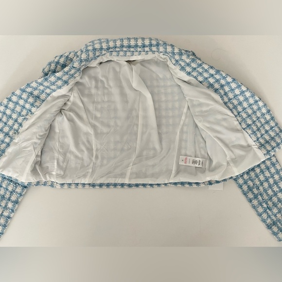 SET JASON WU Boucle Tweed cropped blazer and skort  Blue White Gold Button 8 M - Picture 8 of 16